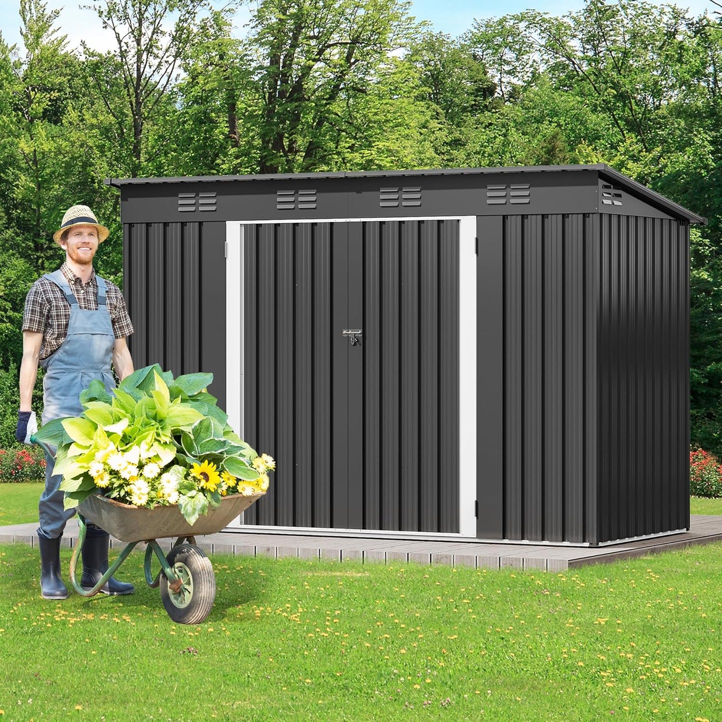 DWVO 9.1x4.2ft Metal Outdoor Storage Shed with Window, Lockable Tool Storage Sheds, Oversized Steel Garden Sheds with Sloped Roof for Backyard, Patio, Garage, Lawn, Dark Gray