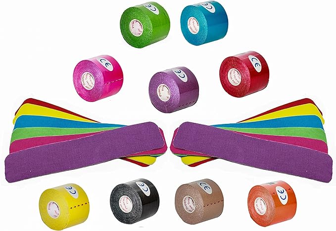 PreCut Kinesiology Tape Sport Pro (20 Pre Cut 10 Inch Strips per Roll) Athletic Recovery Muscle Support Physio TheWrapeutic Aid (Assorted Colors) (Pack of 6)