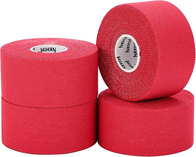 Bighorn Athletics Sports Tape | EZ-Tear Red Athletic Tape for Wrist, Hand, Ankle & Foot Support | Zinc Oxide Infused & Latex-Free Adhesive, Breathable Cotton Fabric, 1.5-Inch x 45-Feet, 4 Rolls, Red