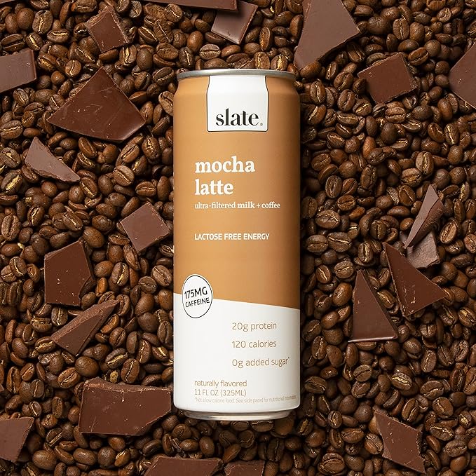 Slate Milk - High Protein Iced Coffee - Mocha Latte - 175mg Caffeine, Lactose Free Energy - 20g Protein, 1g Sugar, 110 Calories, 3g Net Carbs, No Sugar Added - Protein Coffee - 11 fl oz, 24 Cans