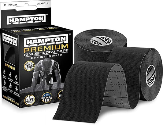 Hampton Adams | As Seen on Shark Tank | Elastic Kinesiology Tape (2-Pack) | Uncut Athletic Tape Supports & Protects Muscles Knees Shoulders & Plantar Fasciitis | Waterproof Hypoallergenic (Black)