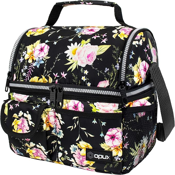 opux Lunch Bag Women Insulated, Adult Lunch Box Cooler, Flower Lunch Box, Dual Compartment Lunchbox for Work, Leakproof Double Decker Lunch Bag, Soft Lunch Pail Tote Girls Kids School, Floral Black