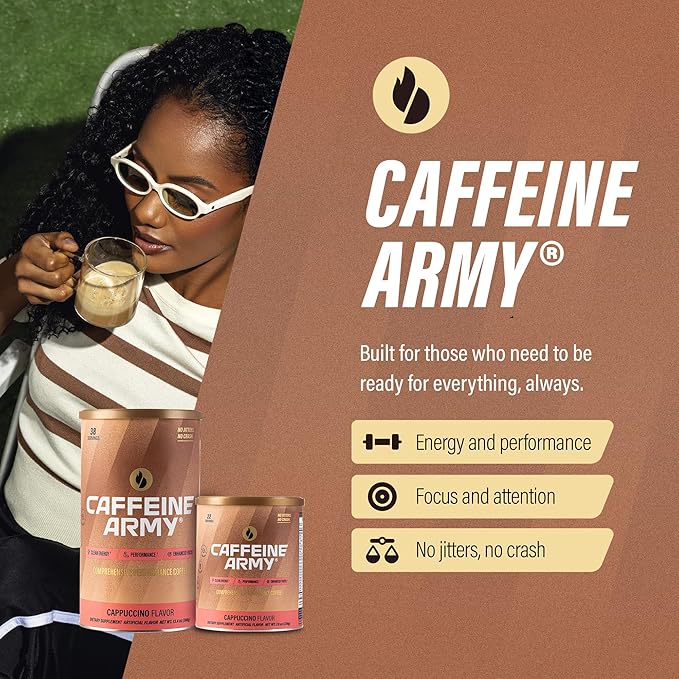 CAFFEINE ARMY Cappuccino| Comprehensive Functional Coffee with MCTs, CoQ10, Collagen and Adaptogens: Clean Energy + Supports Daily Attention, No Jitters or Crash (7.8 oz 22 Servings)