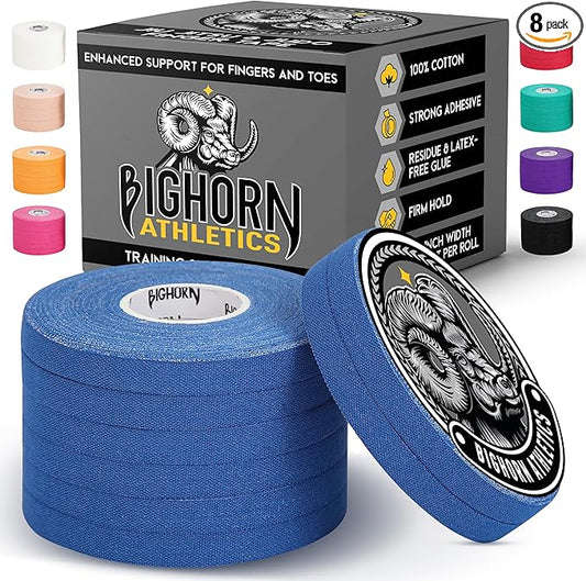 Bighorn Athletics Jiu Jitsu Finger Tape | Residue-Free Athletic Finger Tape for Sports & Injuries: Rock Climbing, Volleyball, Football, Basketball, Hands & Toes | 0.3-Inch x 45-feet, 8-Rolls, Blue