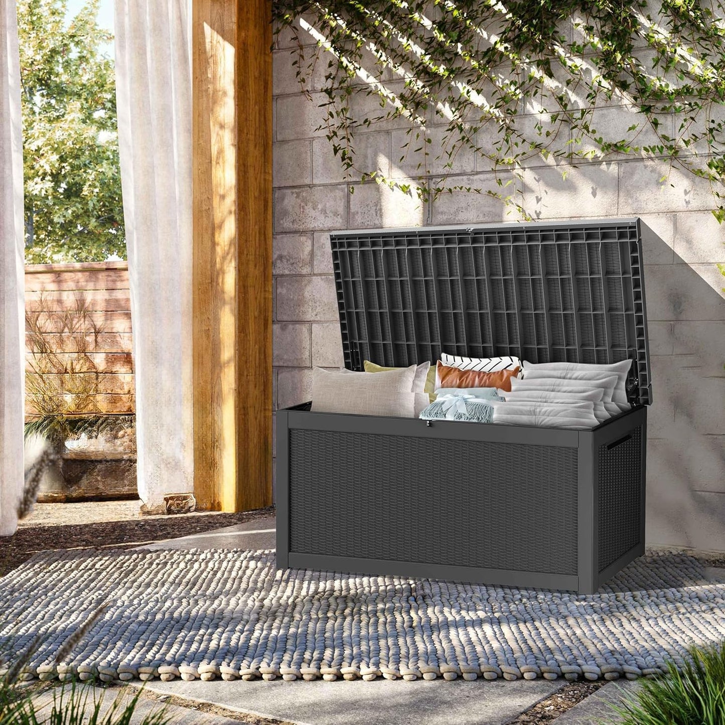 320 Gallon Lockable Resin Deck Box, Waterproof & UV-Resistant Outdoor Storage Box for Outdoor Cushion Storage, Garden Tools & Pool Accessories Storage, Black