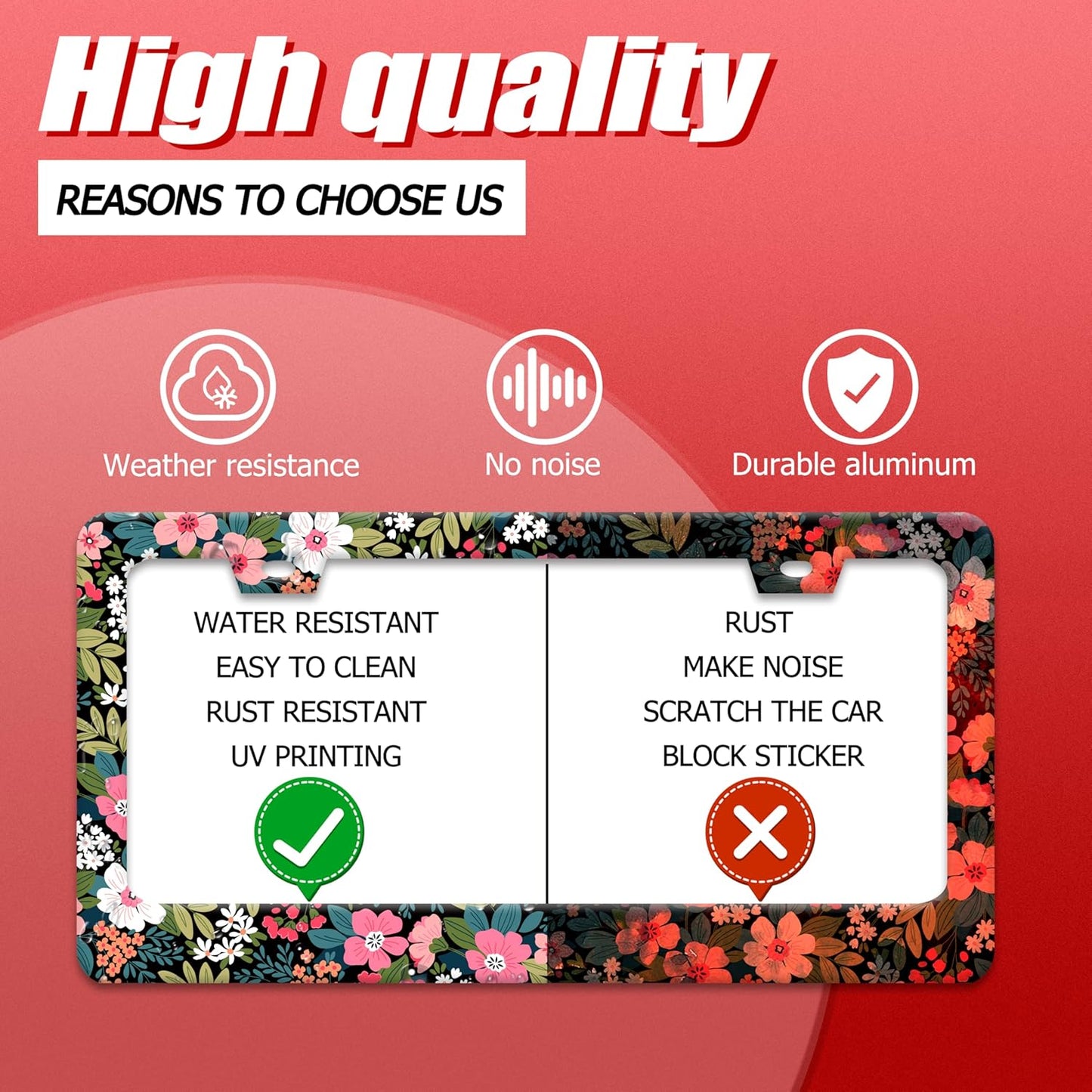 Folk Art Flowers License Plate Frame Beautiful Floral License Plate Holder Funny Personalise Car Stainless Stee Decorative Parts for Standard Us Canada Vehicles 12x6 Inch for Women Men