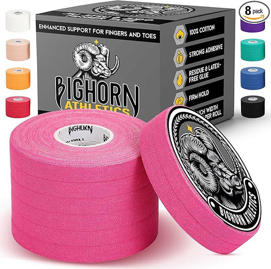 Bighorn Athletics Jiu Jitsu Finger Tape | Residue-Free Athletic Finger Tape for Sports & Injuries: Rock Climbing, Volleyball, Football, Basketball, Hands & Toes | 0.3-Inch x 45-feet, 8-Rolls, Pink