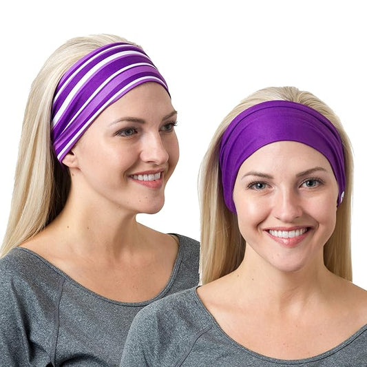 RiptGear Stretch Sport Headband for Women (Purple Solid and Striped) — Non-Slip Sweat Wicking Fabric Great for Yoga, Running or The Gym — Soft Headband Fits Most Head Sizes — (2-Pack)