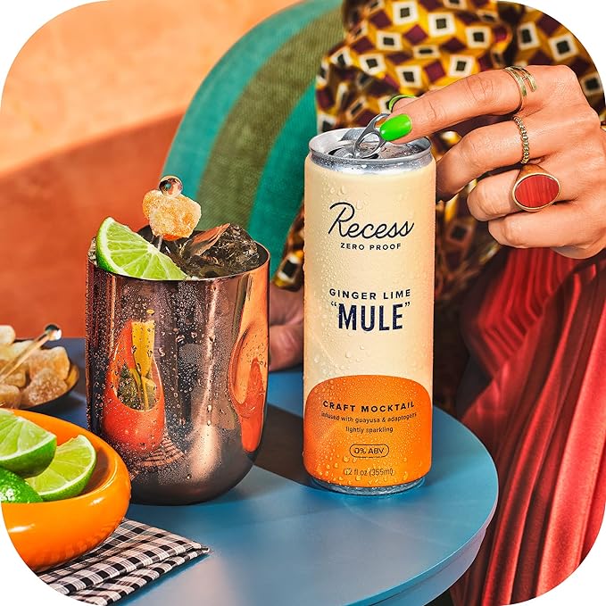 Recess Zero Proof Craft Mocktails, Alcohol Free Drinks, With Adaptogens, Non-Alcoholic Beverage Replacement, Mixer, Celebration, Party, (Ginger Lime "Mule", 12oz, Pack of 12)