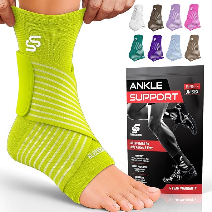 Sleeve Stars Ankle Brace for Women & Men, Ankle Wrap for Sprain, Compression Sleeve for Plantar Fasciitis Relief, Easy Customizable Support: w/ Removable Strap (Single/M:10"-12"/Neon Green)