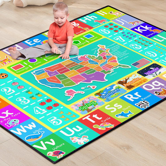 ABC Rug for Kids Playroom, 3x4 Washable Classroom Area Rugs, Educational Learning Mat with Alphabet Numbers Animals Seasons Shapes for Classroom Preschool Playroom