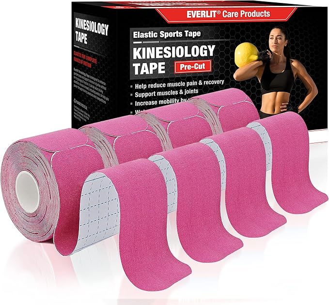 EVERLIT [4-Pack] Pre-Cut Elastic Cotton Kinesiology Therapeutic Athletic Sports Tape, for Pain Relief and Support, 80 Precut 10” Strips (Pink)