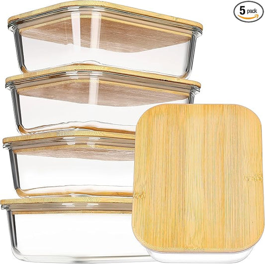 Vtopmart 5 Pack 35oz Glass Containers with Bamboo Lids, Meal Prep Food Storage Containers, BPA Free, Microwave & Dishwasher Safe