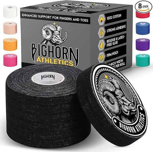 Bighorn Athletics Jiu Jitsu Finger Tape | Residue-Free Athletic Finger Tape for Sports & Injuries: Rock Climbing, Volleyball, Football, Basketball, Hands & Toes | 0.3-Inch x 45-feet, 8-Rolls, Black