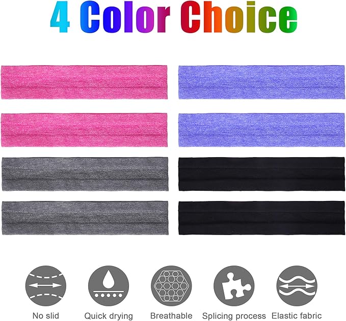 8 Pieces Sweatbands Non Slip Headbands Stretchy Running Sports Sweatbands Workout Headband Grip Silicone Yoga Hair Band Elastic Exercise Hair Wrap for Women Men