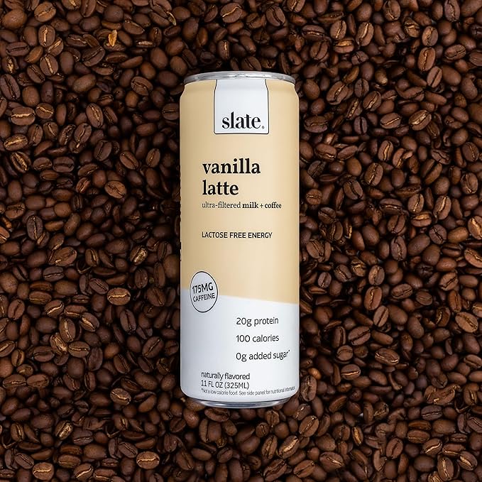 Slate Milk - High Protein Iced Coffee - Vanilla Latte - 175mg Caffeine, Lactose Free Energy - 20g Protein, 1g Sugar, 100 Calories, 1g Net Carbs, No Sugar Added - Protein Coffee - 11 fl oz, 48 Cans