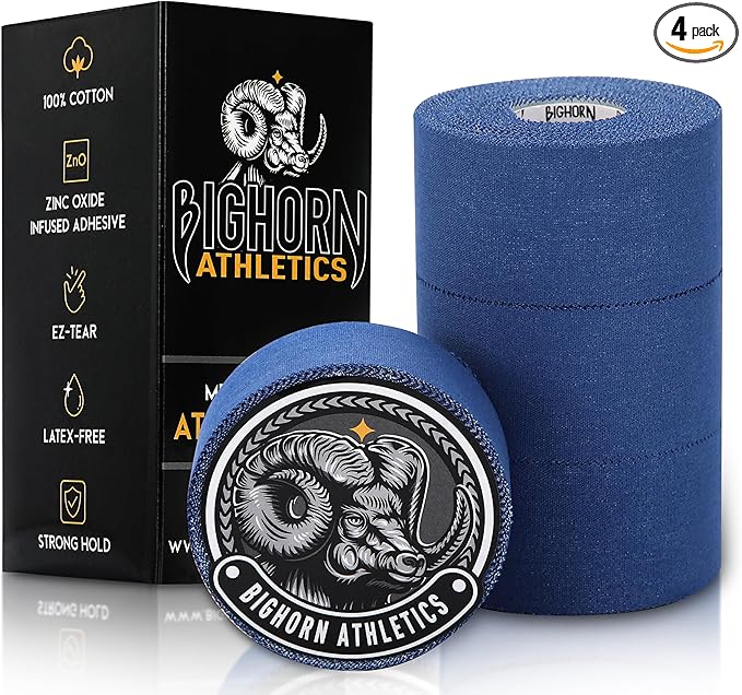 Bighorn Athletics Sports Tape | EZ-Tear Blue Athletic Tape for Wrist, Ankle & Foot Support | Zinc Oxide Infused & Latex-Free Adhesive, Breathable Cotton Fabric, 1.5-Inch x 45-Feet, 4 Rolls, Blue