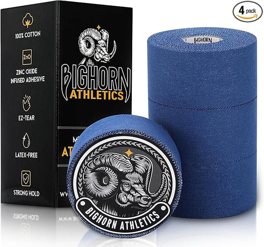 Bighorn Athletics Sports Tape | EZ-Tear Blue Athletic Tape for Wrist, Ankle & Foot Support | Zinc Oxide Infused & Latex-Free Adhesive, Breathable Cotton Fabric, 1.5-Inch x 45-Feet, 4 Rolls, Blue