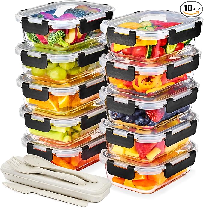 Sorbus 20pc Glass Meal Prep Containers Set – 10 Glass Food Storage Containers (21.3oz, 2.6 Cups) with Airtight Lids – Freezer, Dishwasher, and Oven Safe – Reusable Containers for Meal Prep and Storage