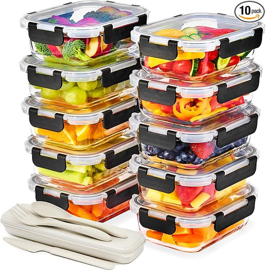 Sorbus 20pc Glass Meal Prep Containers Set – 10 Glass Food Storage Containers (21.3oz, 2.6 Cups) with Airtight Lids – Freezer, Dishwasher, and Oven Safe – Reusable Containers for Meal Prep and Storage
