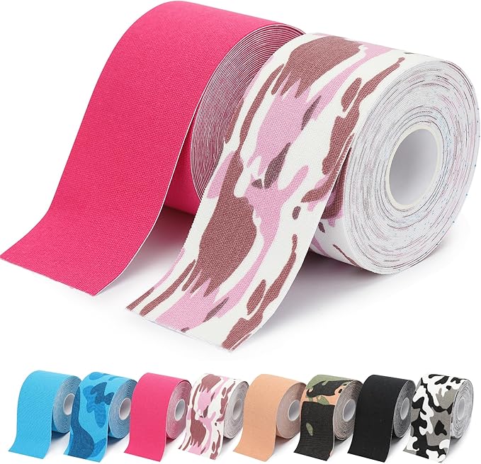 2 Rolls Kinesiology Tape, Waterproof Kinetic Tape 1.97 in x 16.4 ft, Uncut Cotton Elastic Athletic Strips for Knee, Shoulder, Ankle, Muscle Support (Pink and Pink Camouflage)