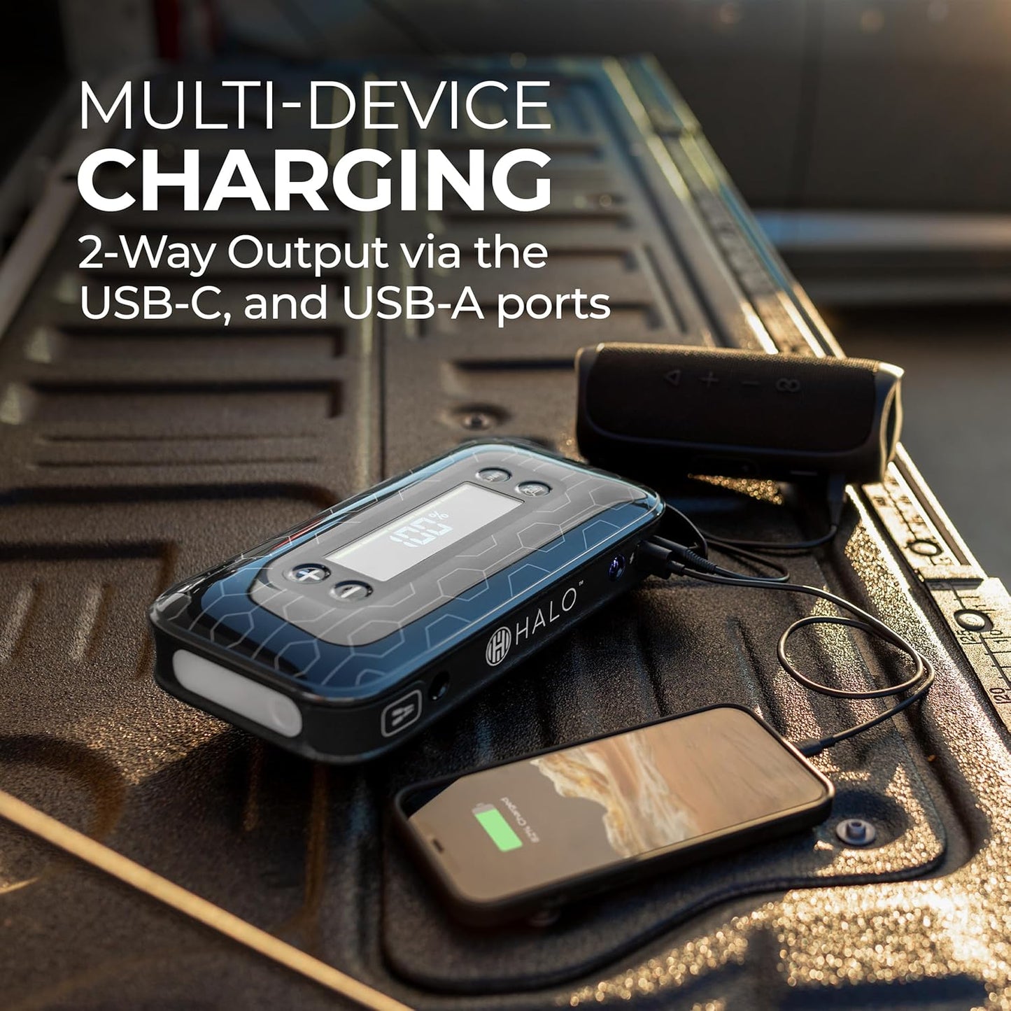 HALO Bolt Air+ 1750 Portable Car Battery Jump Starter | 130 PSI Air Compressor, 59.9Wh USB Power Bank, Large Display, Emergency Floodlight & Charger, Jumps Cars SUVs & Trucks, Inflates Tires — Black