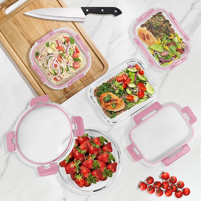 Sorbus 16pc Glass Meal Prep Containers Set – 8 Round 32oz Containers with Airtight Lids – Freezer, Dishwasher, Oven Safe – Reusable Food Storage Bowls, 4 Cup Capacity for Meal Prep and Storage, Pink