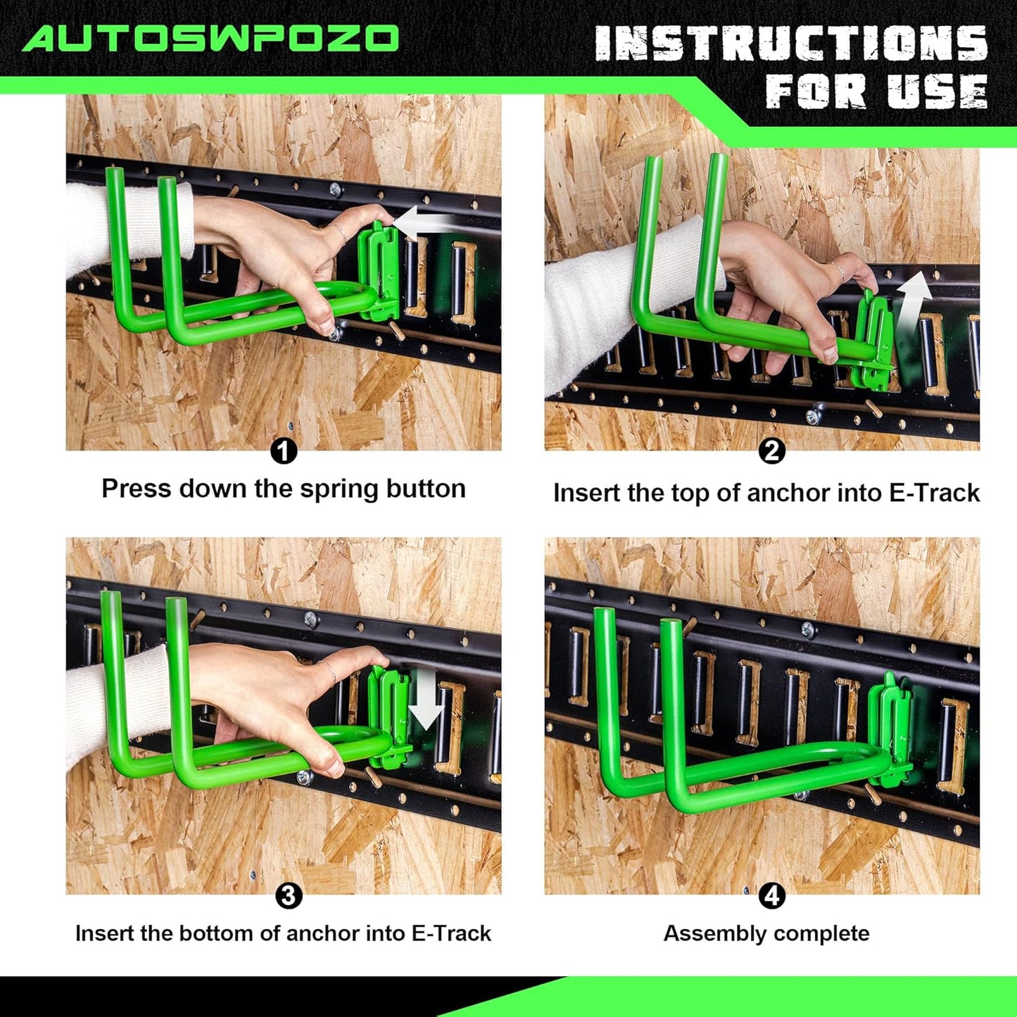 8-Pack E-Track Heavy Duty Shovel/Tool Hanger - E Track Hooks for Tools, Rakes, Spades in Trailers, Trucks, Workshop and Warehouse - Green