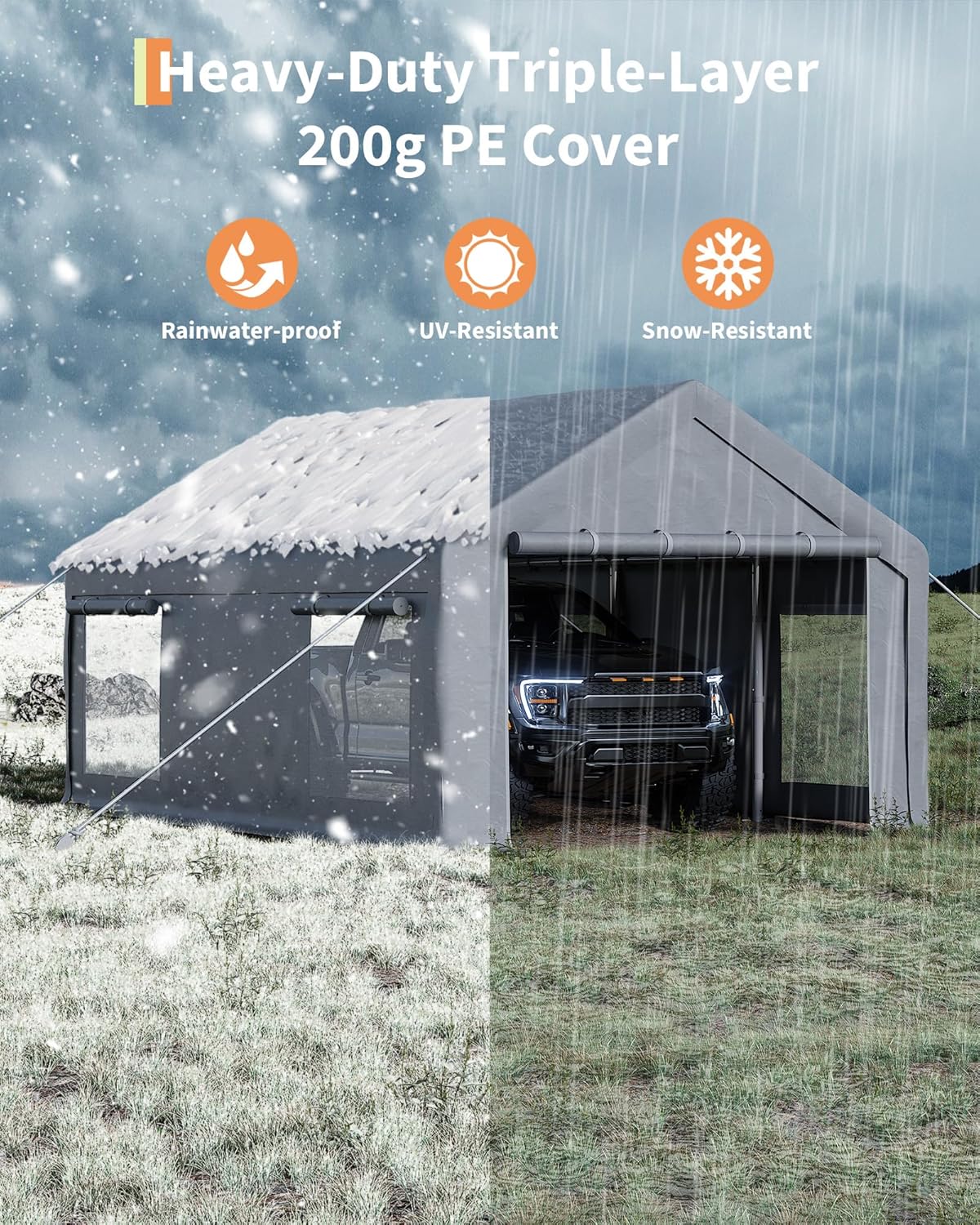 10x20 Ft Carport, Car Port with 200g PE Tarp, Roll-Up Doors, and 4 Windows, for Sedans, Bass Boats, Motos, ATVs, and SUVs, Gray