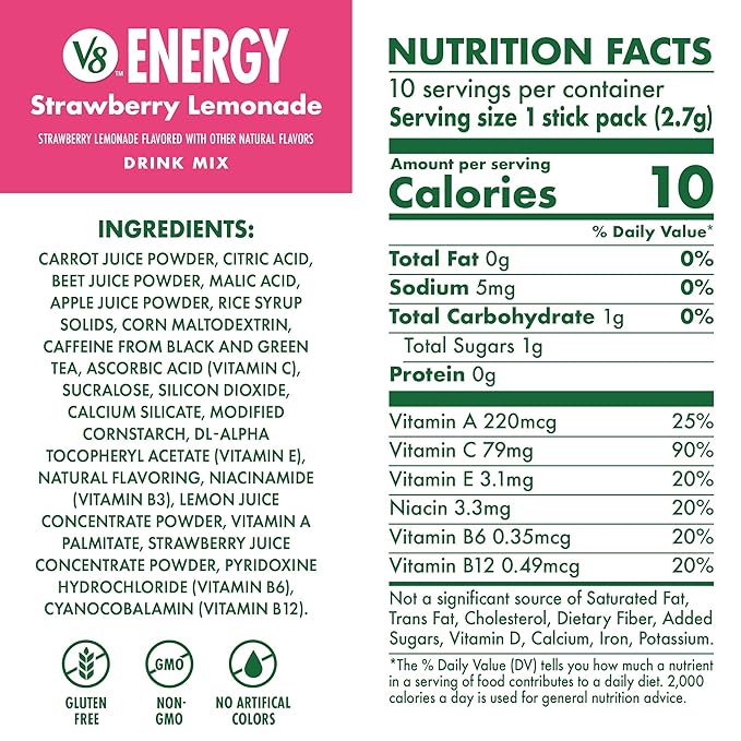 Bundle of V8 Energy Strawberry Lemonade, Peach Mango, & Pomegranate Blueberry Energy Drink Powder, .10 oz Packet (30 Count)