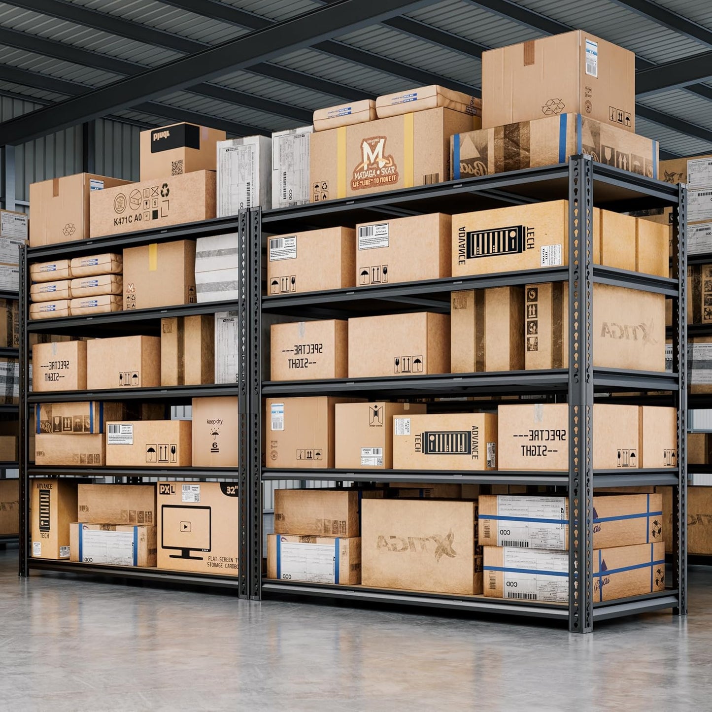 48"W Garage Shelving, 2650LBS Storage Shelves heavy duty, 5 Tier Metal Shelving Unit Adjustable Garage Shelves Heavy Duty Shelving for Warehouse,Commercial, Kitchen, 48" W × 18" D × 72" H, Black, 2PCS