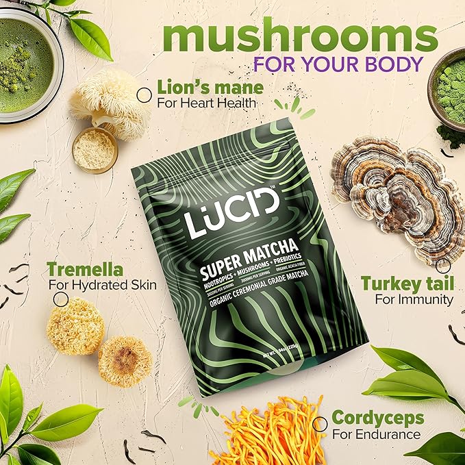 Lucid Superfood Organic Mushroom Matcha with Nootropics - Lion's Mane, Tremella, Cordyceps & Turkey Tail - Instant Mushroom Matcha Focus Brain Health - Alpha GPC, L-Theanine, Ginko Biloba - USA Made