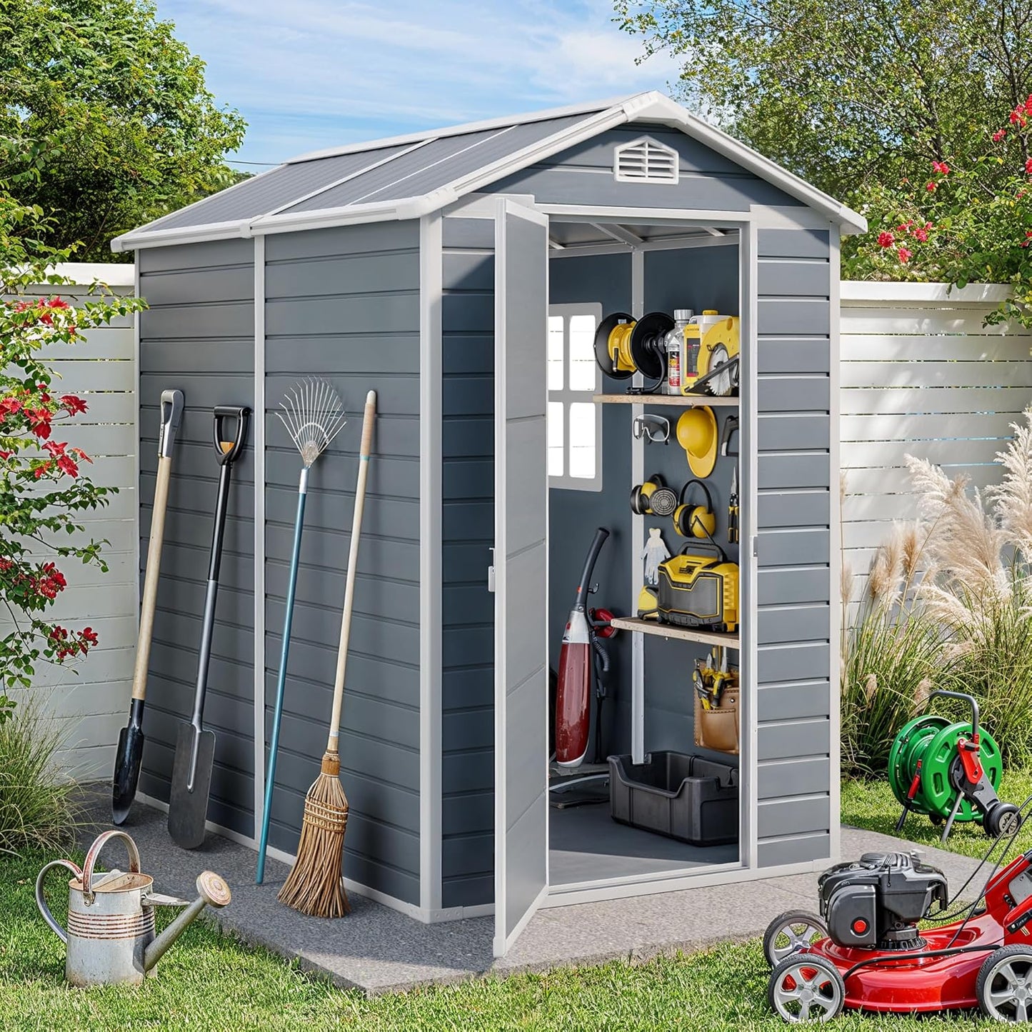 Gizoon 6x4 FT Outdoor Storage Shed with Floor, Resin Garden Tool Shed with Lockable Doors, Window, Vents, Reinforced Steel Frame, Waterproof Plastic Storage Sheds for Backyard, Patio, Lawn