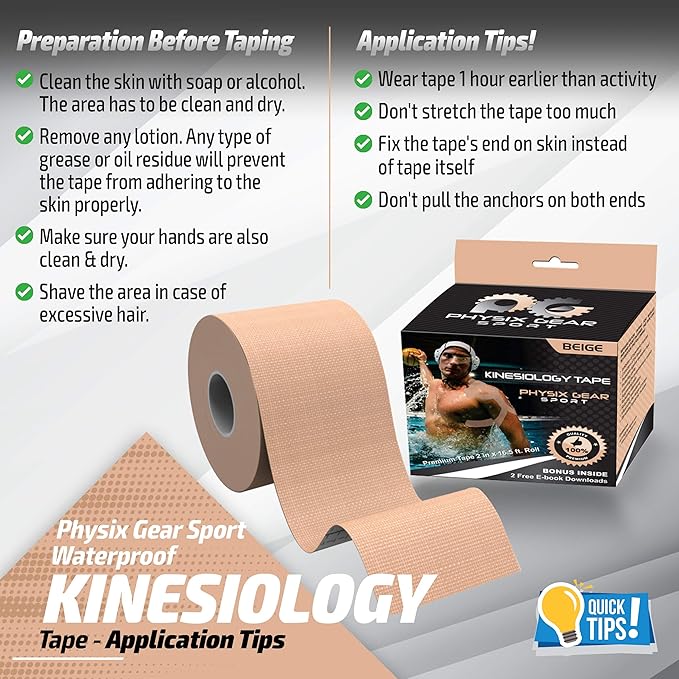 Physix Gear Cotton Kinesiology Tape Roll 16ft, Latex-Free Athletic Tape for Muscles/Joints, Waterproof Kinesiolgy, Stretchy Kinesiologytape, Gentle on Skin Kiniseaology Tape, Kinesology Tape