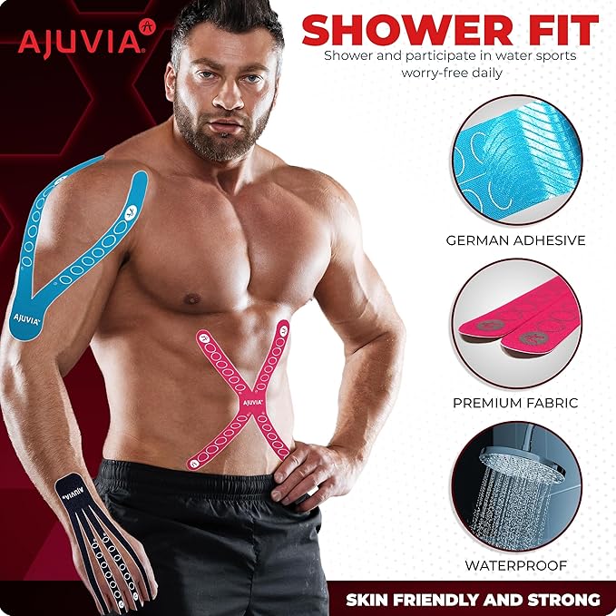 AJUVIA Synthetic Kinesiology Tape, Lasts up to 14 Days, Hypoallergenic Precut K Tape Elastic Bandages for Muscle Pain Relief and Joint Support - 10" x 2" (1 Envelope, 3 Colors, 6 Pieces)