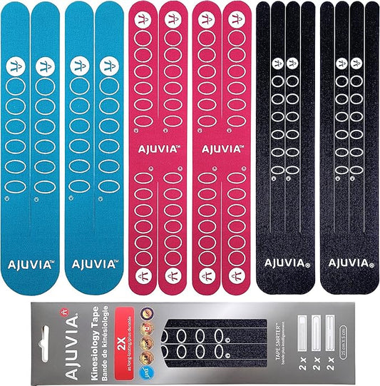 AJUVIA Synthetic Kinesiology Tape, Lasts up to 14 Days, Hypoallergenic Precut K Tape Elastic Bandages for Muscle Pain Relief and Joint Support - 10" x 2" (1 Envelope, 3 Colors, 6 Pieces)