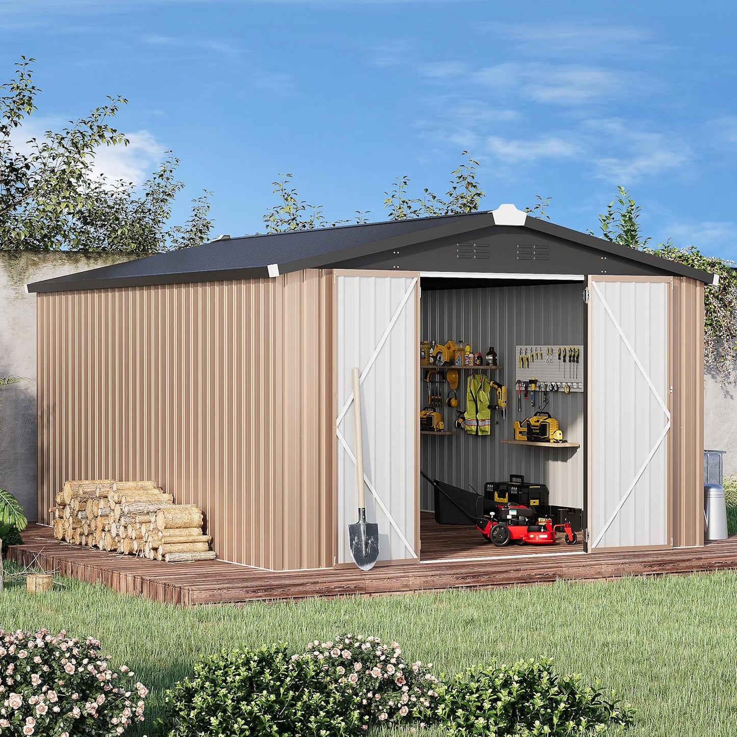 AECOJOY 10' x 14' Shed Metal, Outdoor Storage Sheds & Outdoor Storage 10' x 14' with Lockable Doors, Large Steel Yard Shed, Utility and Tool Storage for Garden, Backyard, Patio, Outside use in Grey