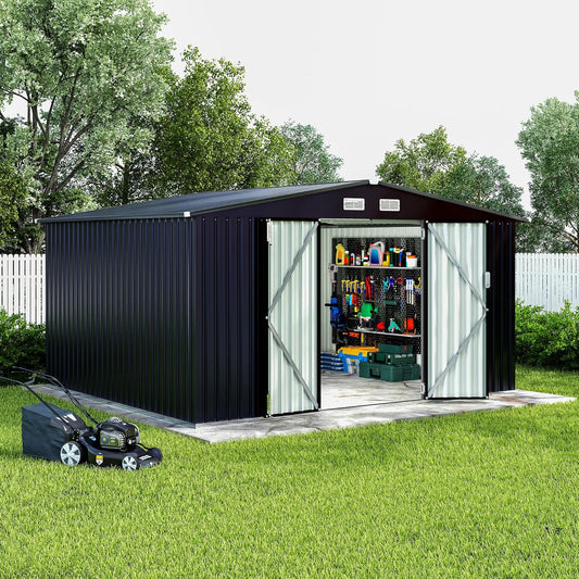 8x10x6.4 FT Outdoor Storage Sheds with Floor, Metal Garden Tool Shed for Backyard, Large Metal Sheds Outdoor Storage With Lockable Doors & Air Vents for Backyard Garden Patio Lawn