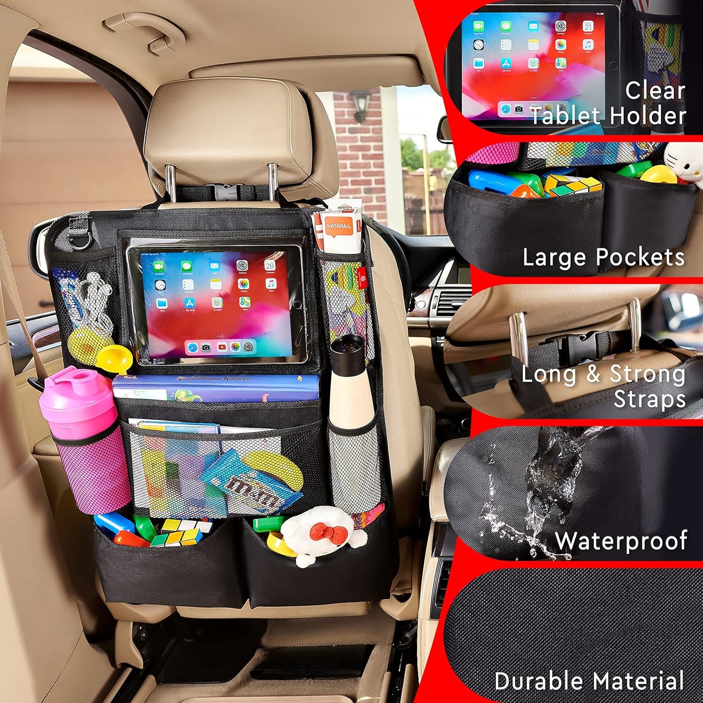 Helteko Backseat Car Organizer, Kick Mats Back Seat Protector with Touch Screen Tablet Holder, Back Seat Organizer for Kids with 9 Storage Pockets, Travel Accessories (2 Pack, Deep Pink)