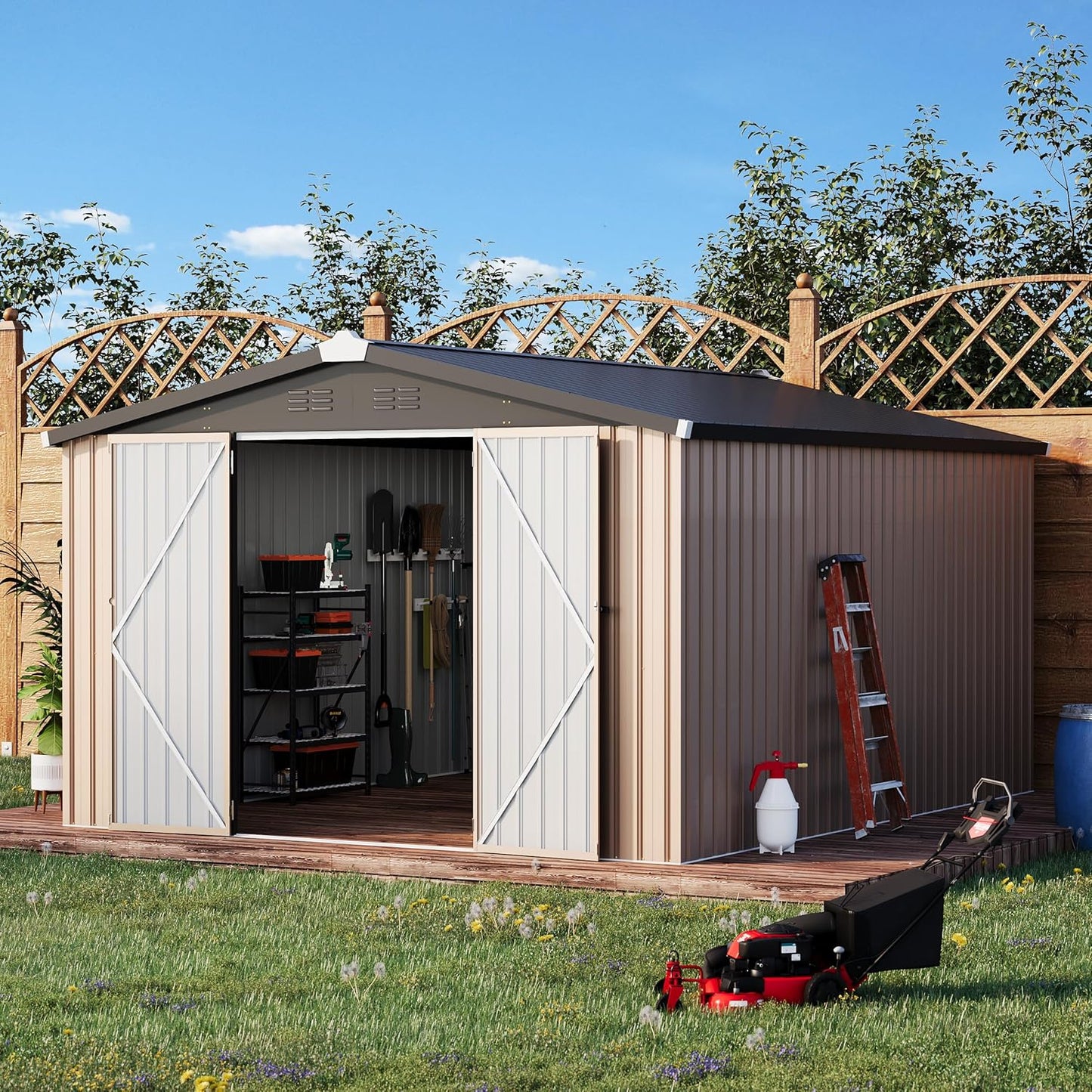 AECOJOY 10' x 14' Shed Metal, Outdoor Storage Sheds & Outdoor Storage 10' x 14' with Lockable Doors, Large Steel Yard Shed, Utility and Tool Storage for Garden, Backyard, Patio, Outside use in Grey