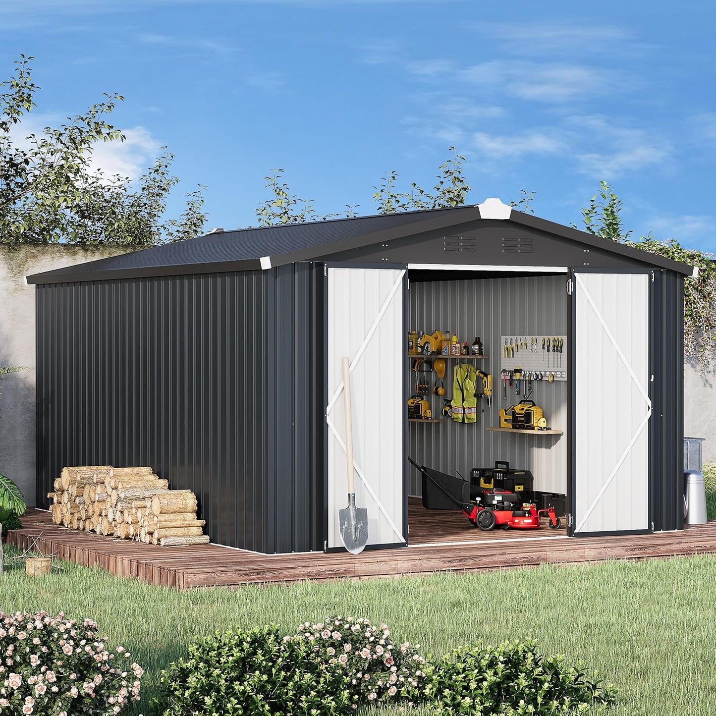 AECOJOY Shed 10' x 14' Storage Shed, Outdoor Storage Sheds & Outdoor Storage 10' x 14' with Lockable Doors, Large Steel Yard Shed, Utility and Tool Storage for Garden, Patio, Outside use in Dark Grey