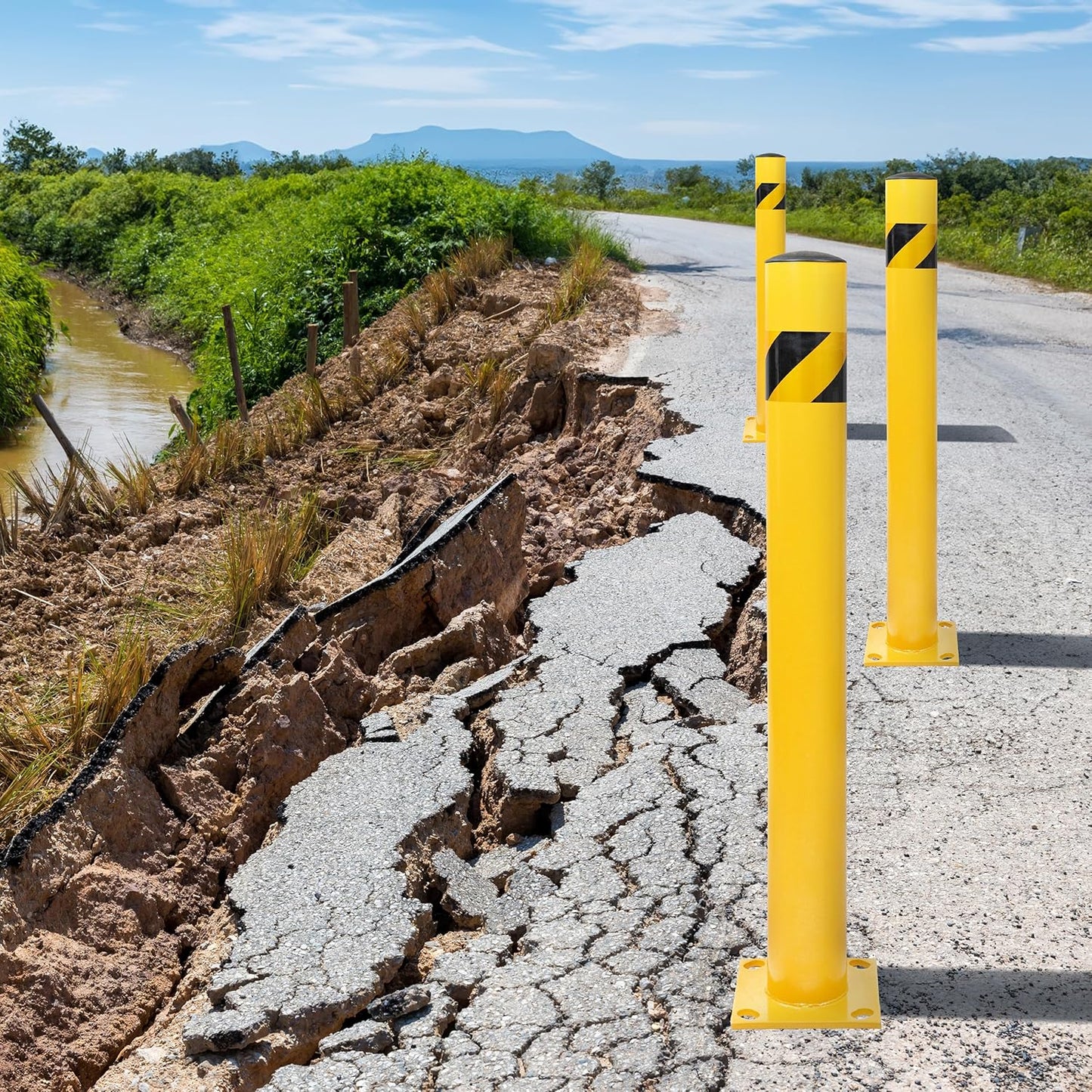 BISupply Safety Bollard Post Parking Barrier 3 Pack - 42in Yellow Pipe Bolt Down Bollard for Garage Lot